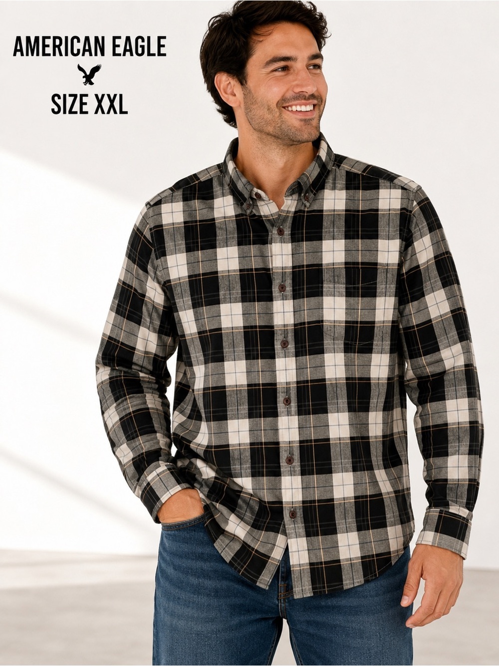 AMERICAN EAGLE Men's Black and Gray Plaid Shirt/size XXL